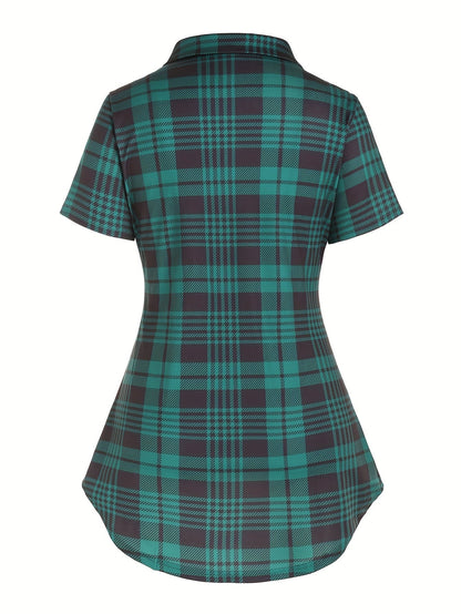 Chemise longue à carreaux style élégant pour femme, manches courtes, col à revers, été