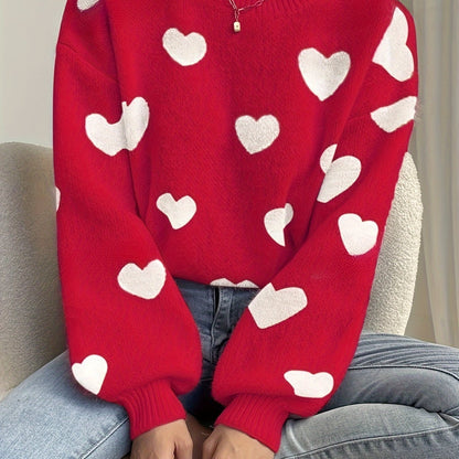 Pull col rond ample en maille blanc avec cœurs beiges