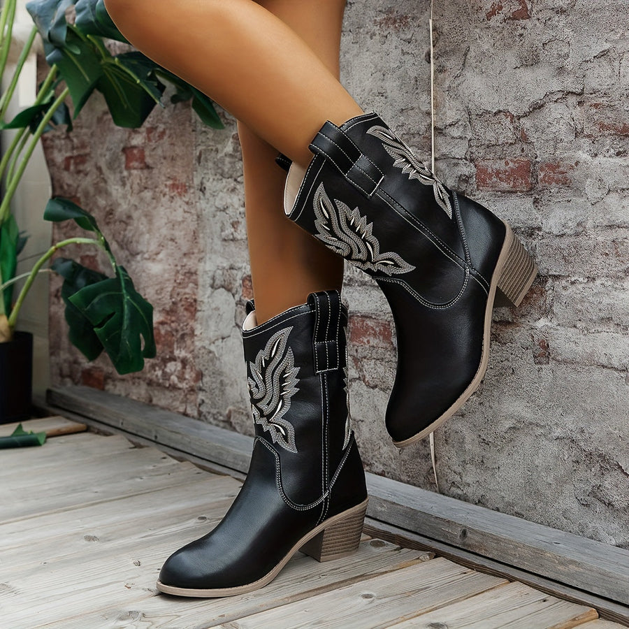 Westernstiefel für Damen im Cowboy-Stil, bestickt, mit Blockabsatz