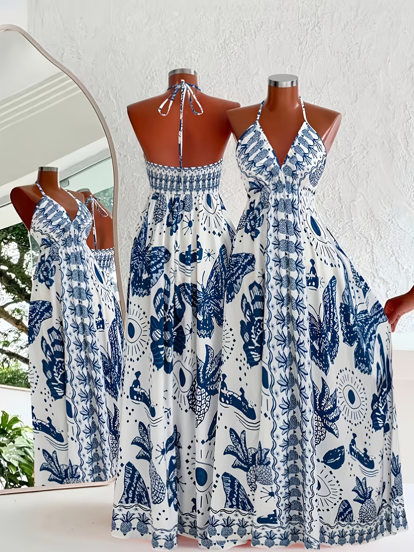 Lång klänning med öppen rygg för kvinnor, bohemisk chic stil, semester