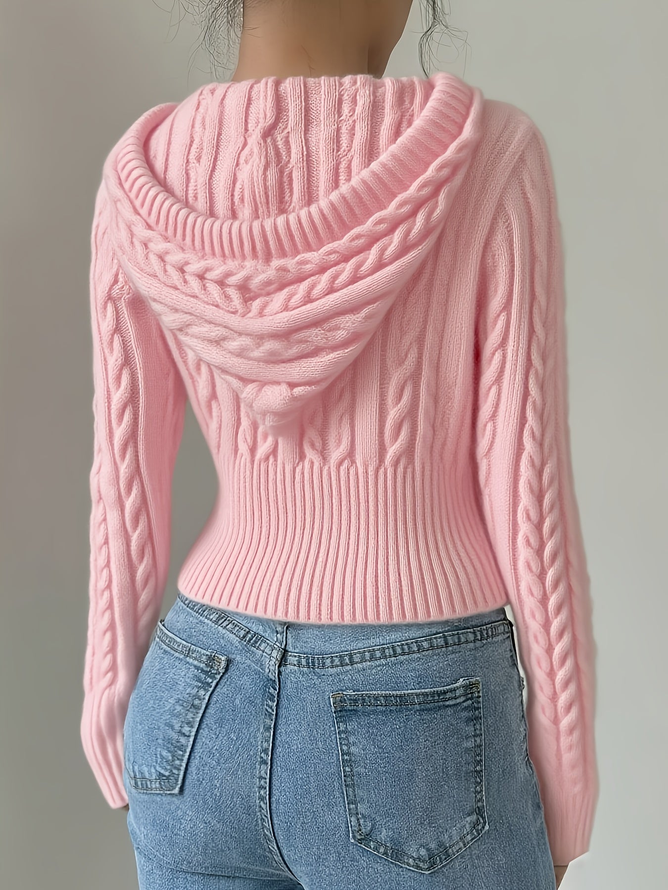 Sweat à capuche Femme tricoté torsadé court avec zip et cordon de serrage