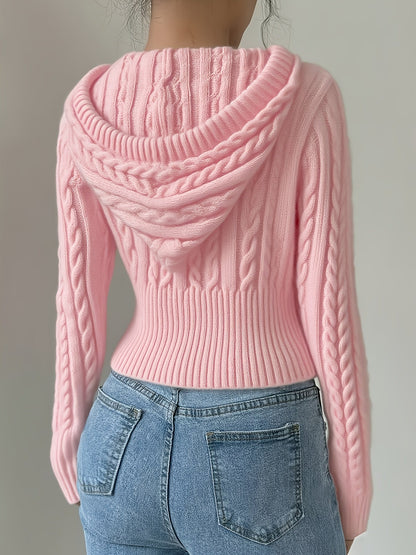 Sweat à capuche Femme tricoté torsadé court avec zip et cordon de serrage