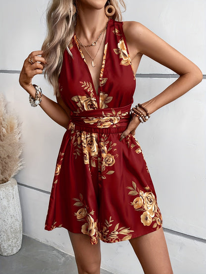 Eleganter Damen-Jumpsuit mit Blumenmuster im Boho-Stil, tiefem Ausschnitt – ideal für Sommer und Ausflüge