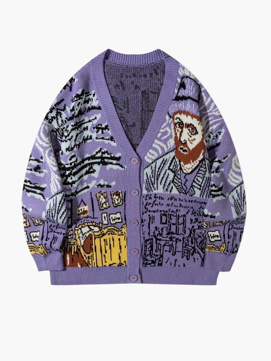 Men's casual cardigan artistic style with portrait and landscape pattern