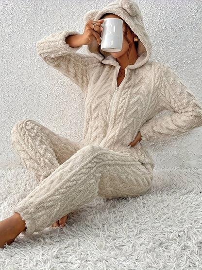 Grenouillère Femme Douce Motif Géométrique Ours Beige à Capuche avec Fermeture Éclair