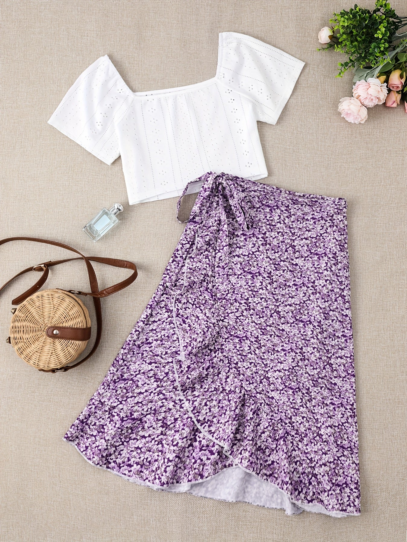 Women's Boho Chic Set – Short Sleeve Crop Top and Floral Wrap Skirt