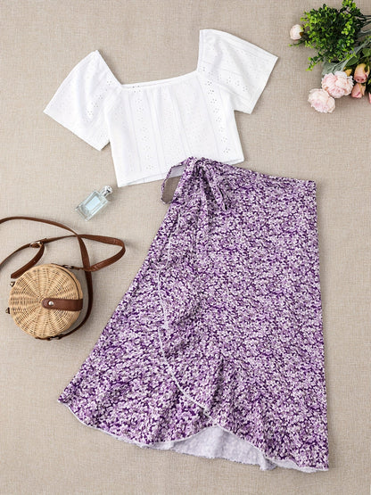 Women's Boho Chic Set – Short Sleeve Crop Top and Floral Wrap Skirt