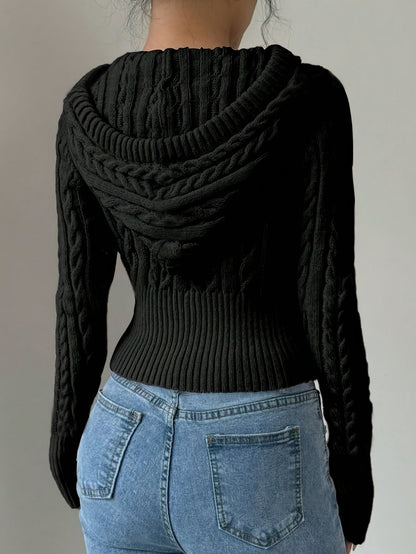 Sweat à capuche Femme tricoté torsadé court avec zip et cordon de serrage