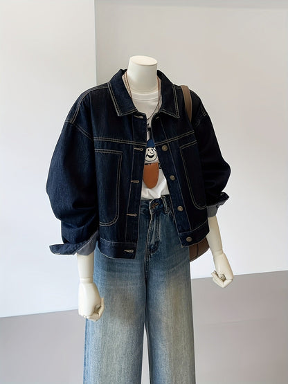 Veste en jean femme bleu foncé coupe courte et ample avec coutures apparentes