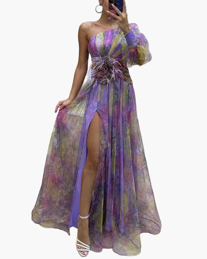 Robe longue élégante femme style soirée à une épaule avec fente et volant tendance