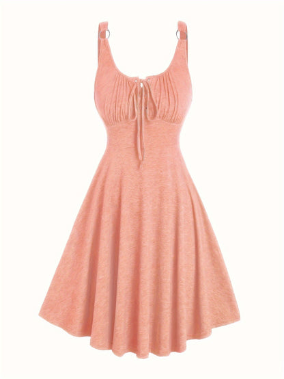 Lässiges Damenkleid mit Ausschnitt und Ösen-Trägern, ausgestellter Frühling-Sommer-Stil  