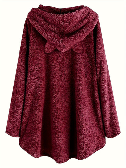 Pull à Capuche Teddy Femme Motif Chat "Fluff You" Rouge Bordeaux avec Oreilles