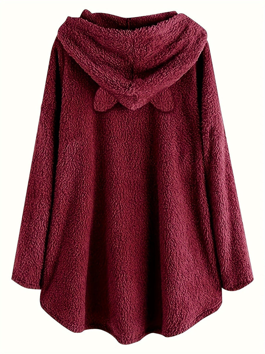 Pull à Capuche Teddy Femme Motif Chat "Fluff You" Rouge Bordeaux avec Oreilles