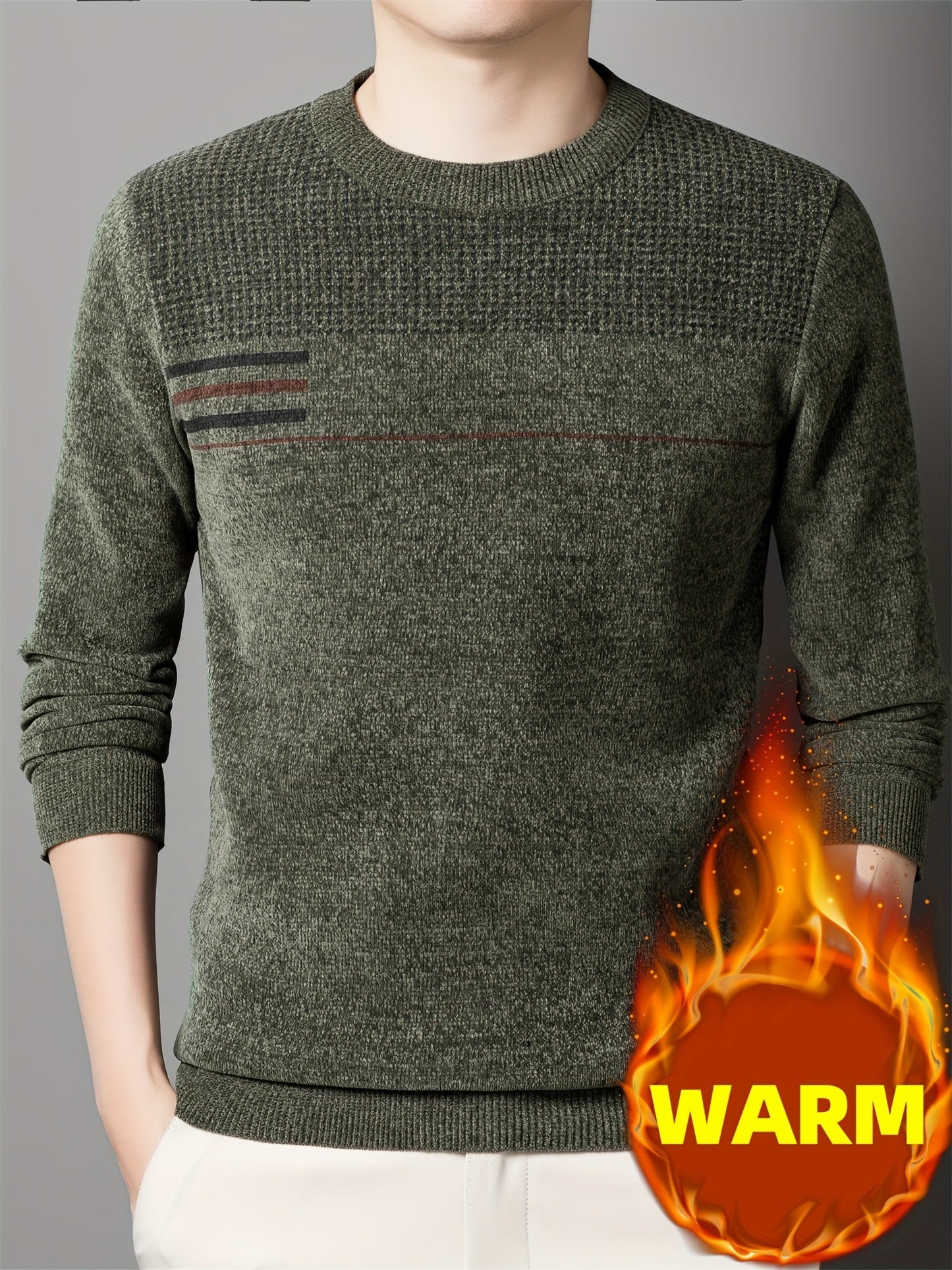 Pull Homme Col Rond Tricoté Maille Texturée Rayures Poitrine Manches Longues
