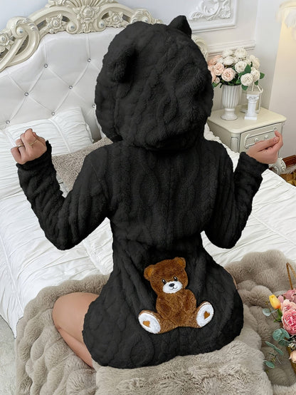 Grenouillère Peluche Femme à Capuche Ours Polaire Crème avec Broderie Ours Marron