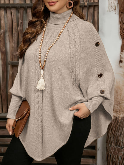 Pull poncho en tricot à col roulé et tresses avec boutons décoratifs pour femme