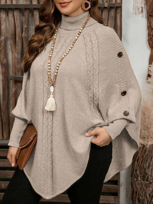 Pull poncho en tricot à col roulé et tresses avec boutons décoratifs pour femme