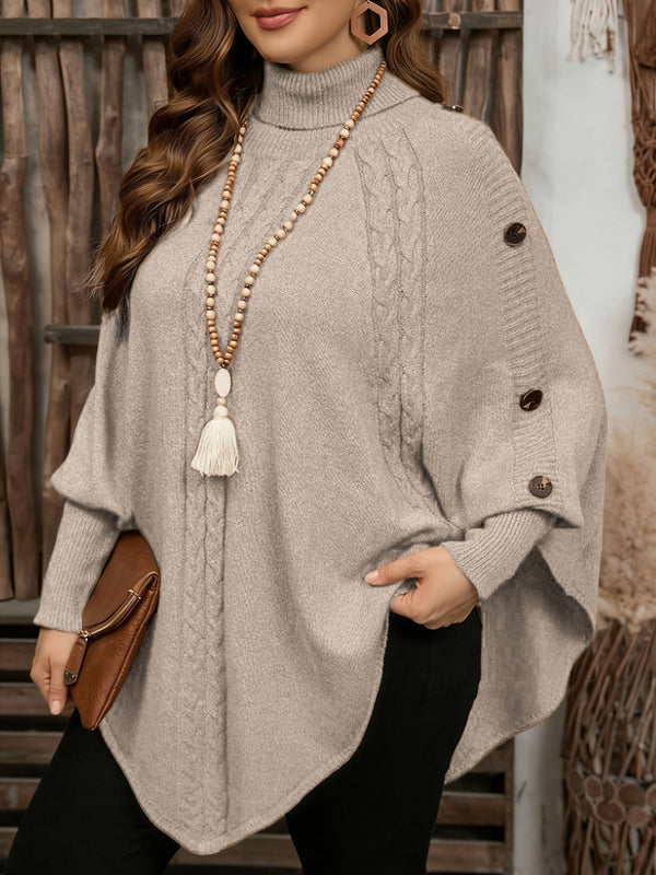 Pull poncho en tricot à col roulé et tresses avec boutons décoratifs pour femme