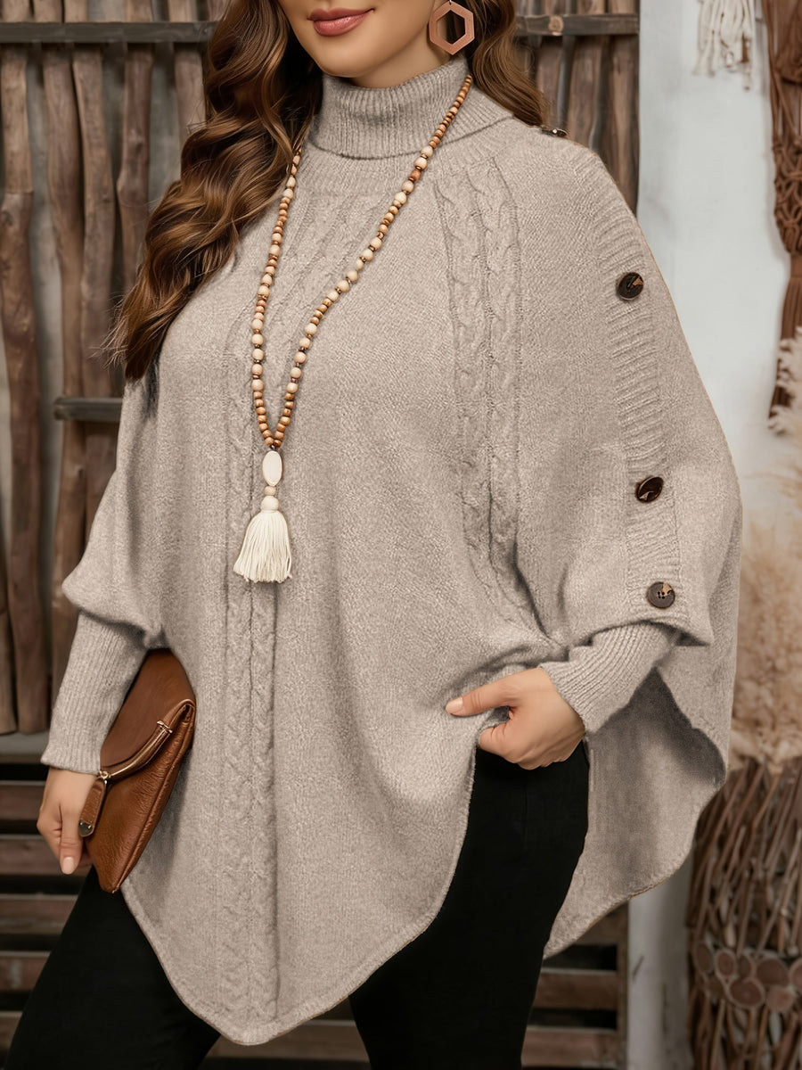 Pull poncho en tricot à col roulé et tresses avec boutons décoratifs pour femme