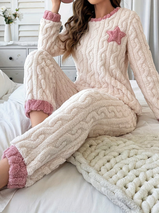 Pyjama Femme Doux en Peluche Tressée Bicolore Étoile Appliquée Manches Longues