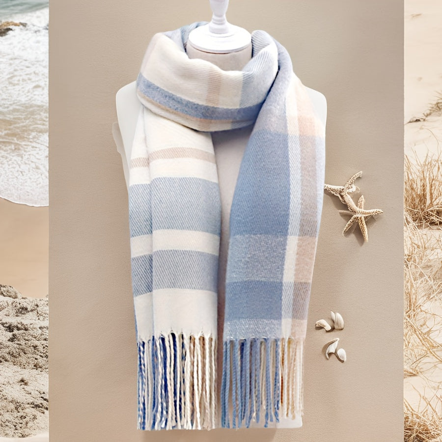 Écharpe douce à carreaux motif plaid avec franges - Rose et gris