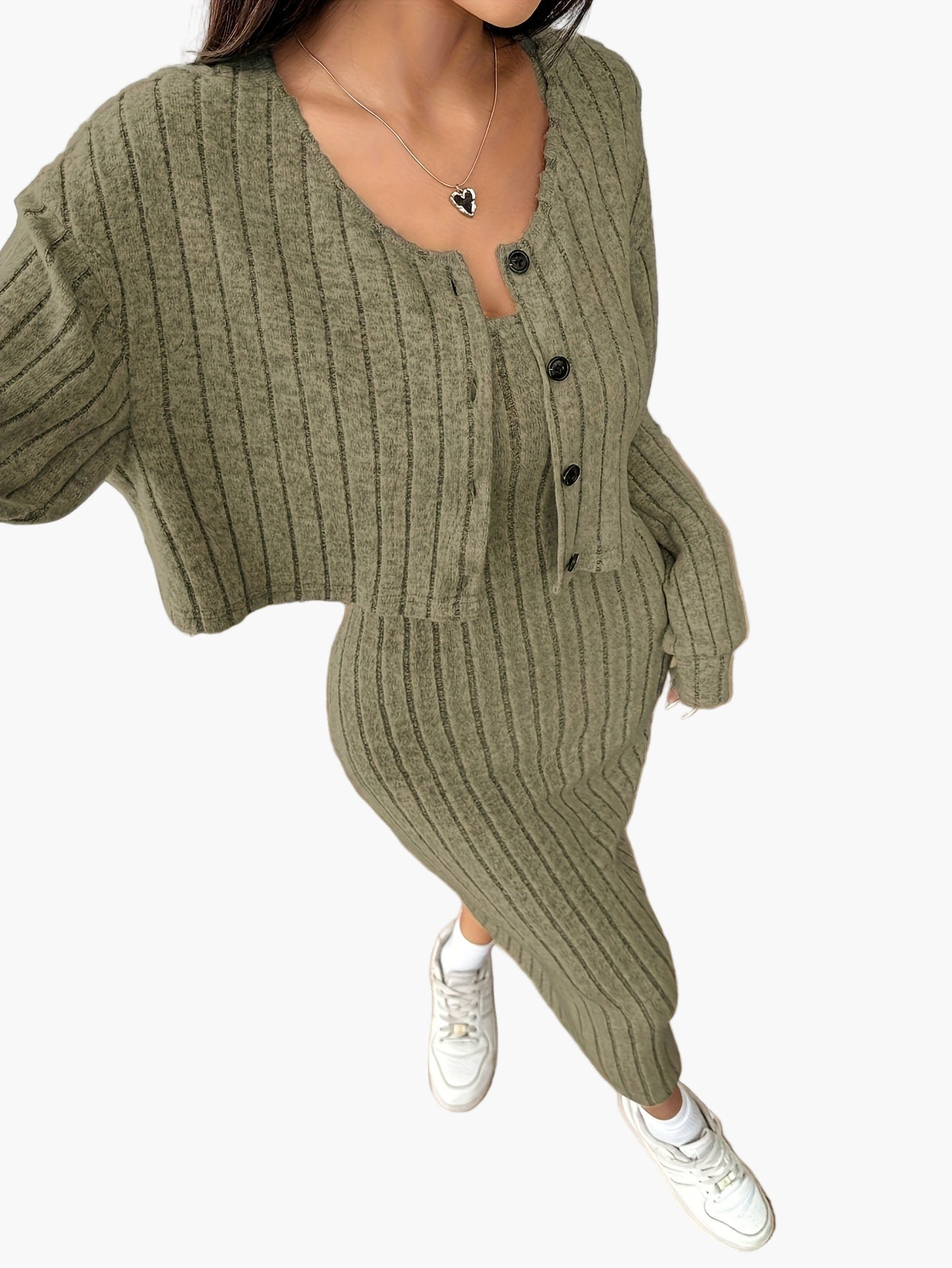 Completo Donna Elegante Due Pezzi Maglione con Bottoni e Gonna Lunga Stile Casual Primavera Autunno