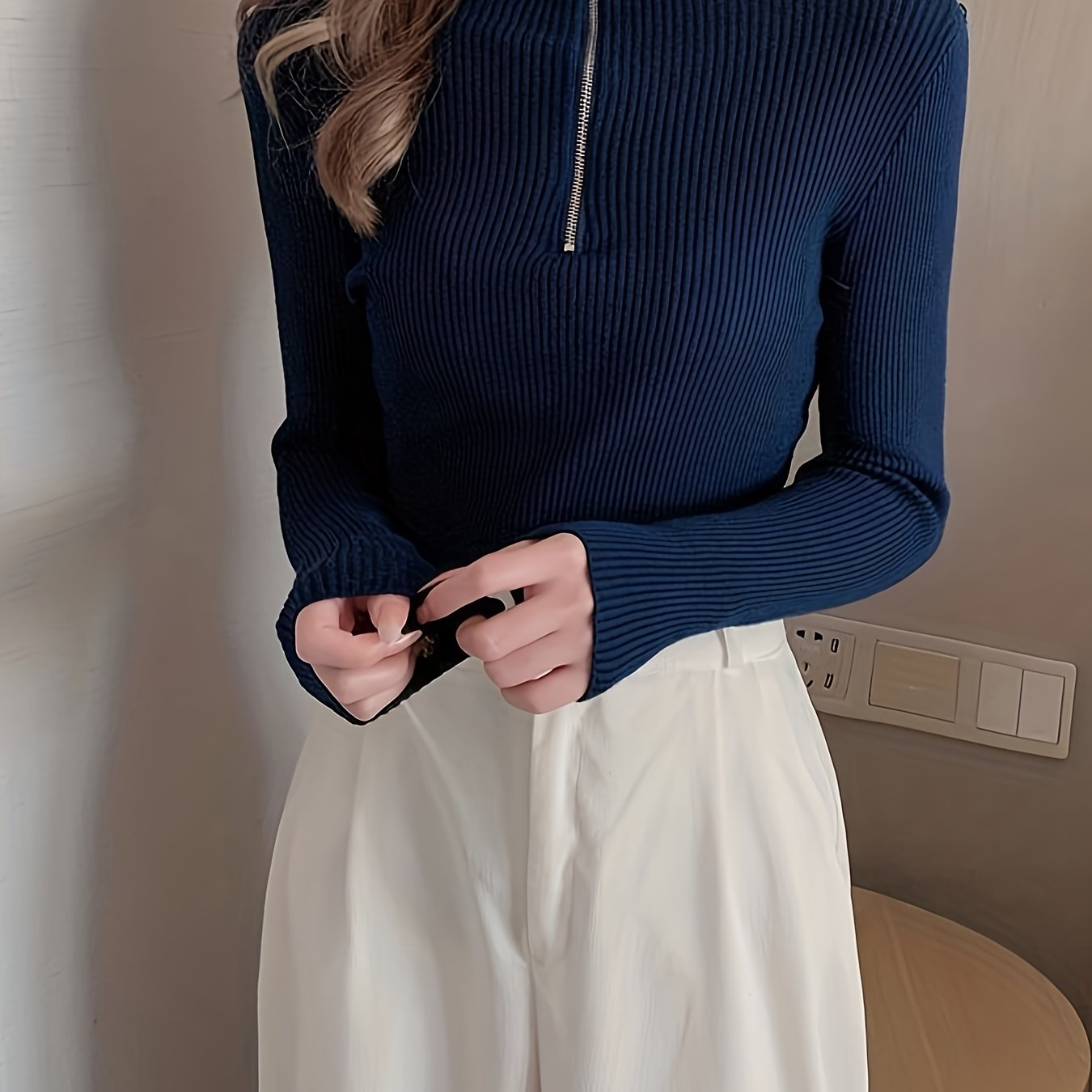 Women's Ribbed Half-Zip Mock Neck Fitted Sweater