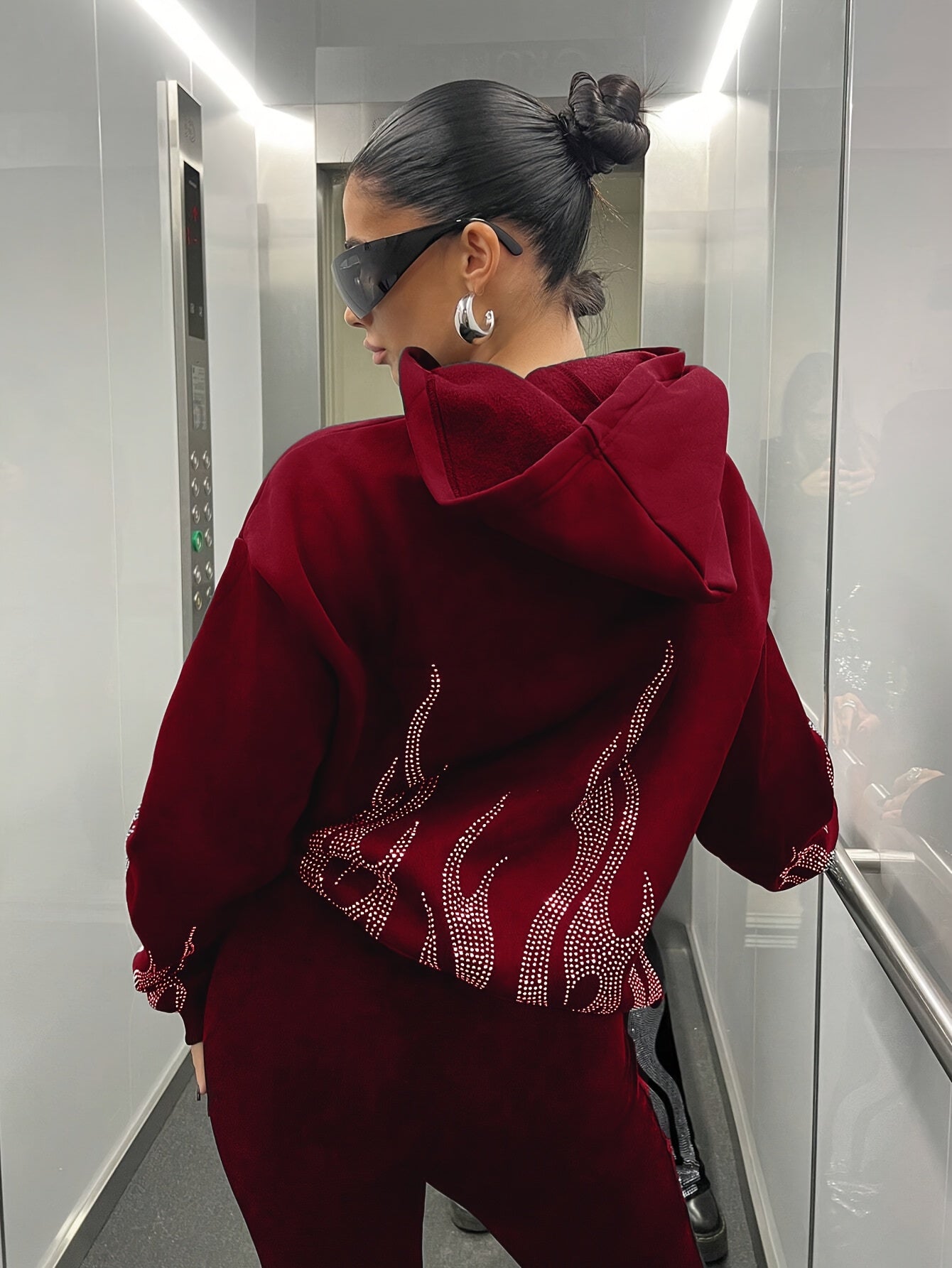 Sweat à Capuche Femme Décontracté Noir Flammé Strass Manches Longues