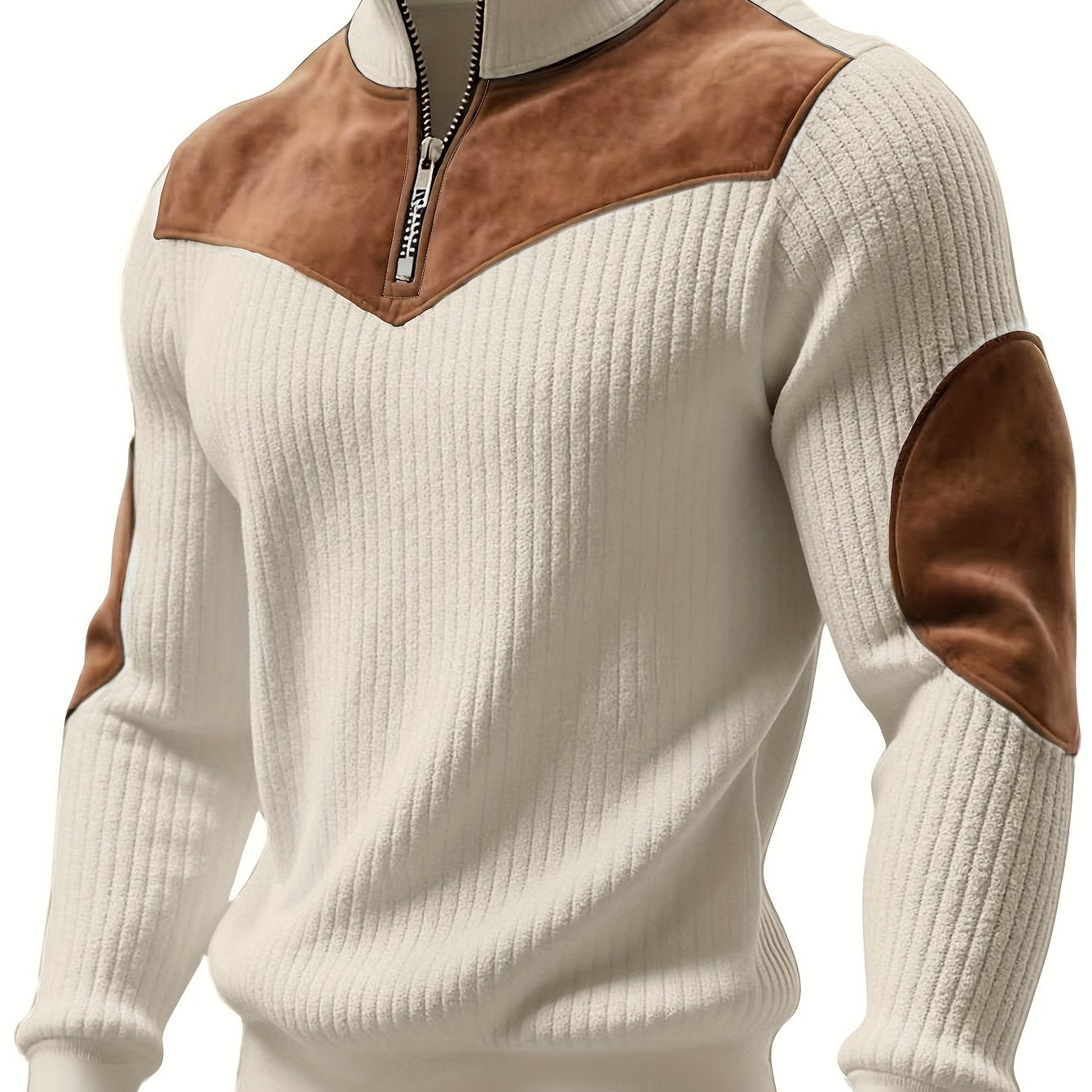 Pull Homme côtelé avec col montant zippé et empiècements suédine