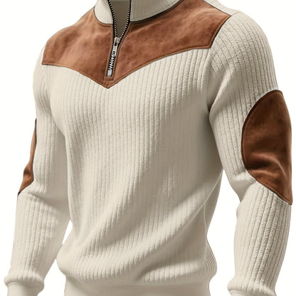 Pull Homme côtelé avec col montant zippé et empiècements suédine