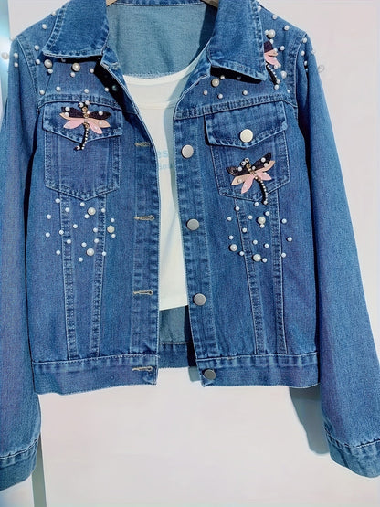 Veste en jean femme bleue brodée de perles et ornements