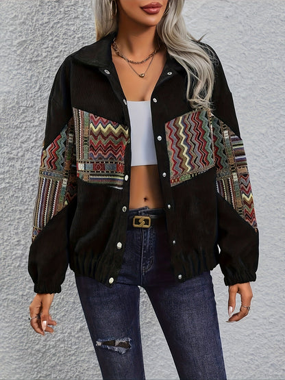 Veste bombardier femme noire en velours côtelé avec empiècements à motifs ethniques colorés