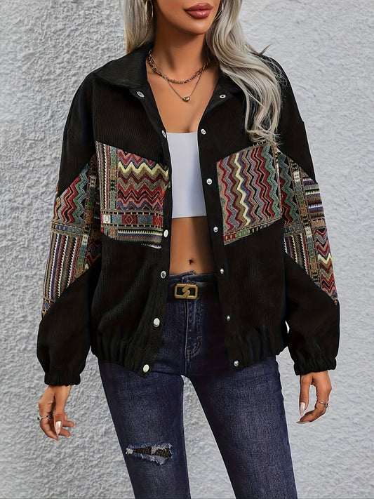 Veste bombardier femme noire en velours côtelé avec empiècements à motifs ethniques colorés