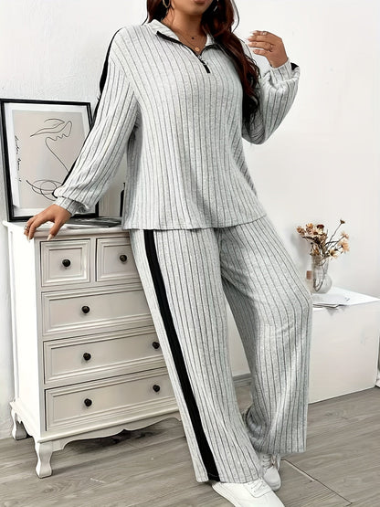 Ensemble côtelé Femme col zippé rayures latérales contrastantes