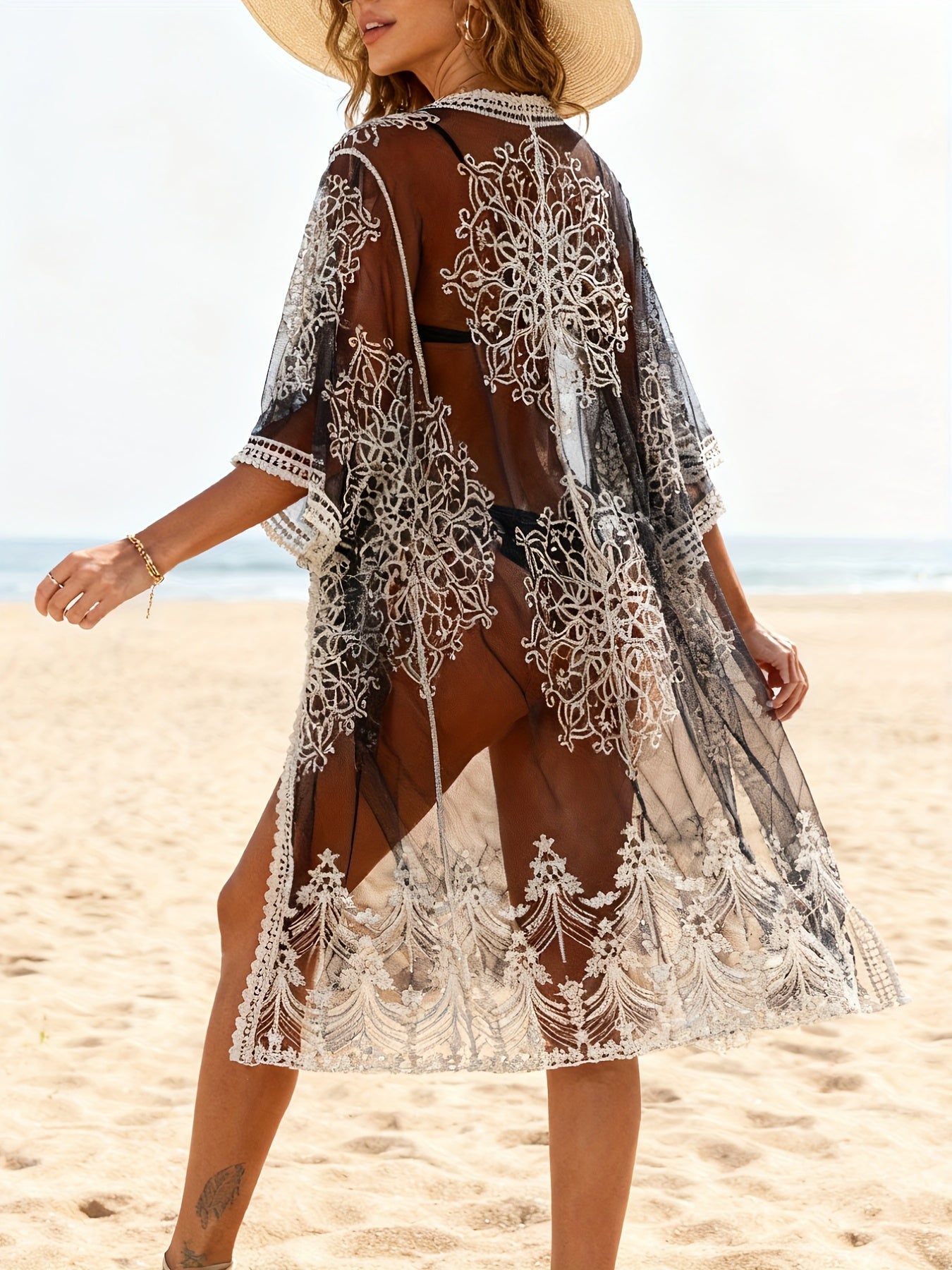 Elegant strandkimono til kvinder i boheme-stil med broderi – ideel til stranden og ferien