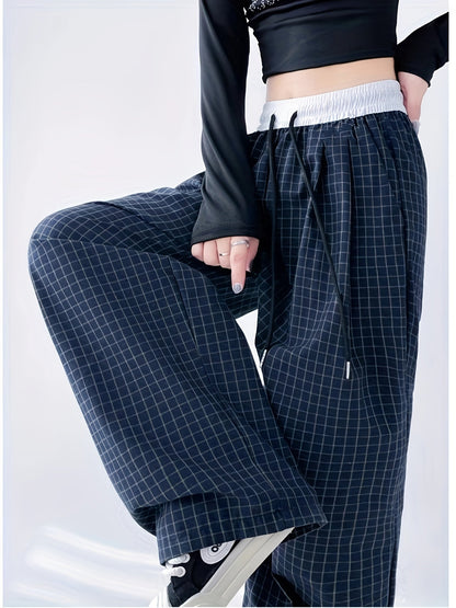 Pantalon large décontracté pour femme style urbain à carreaux