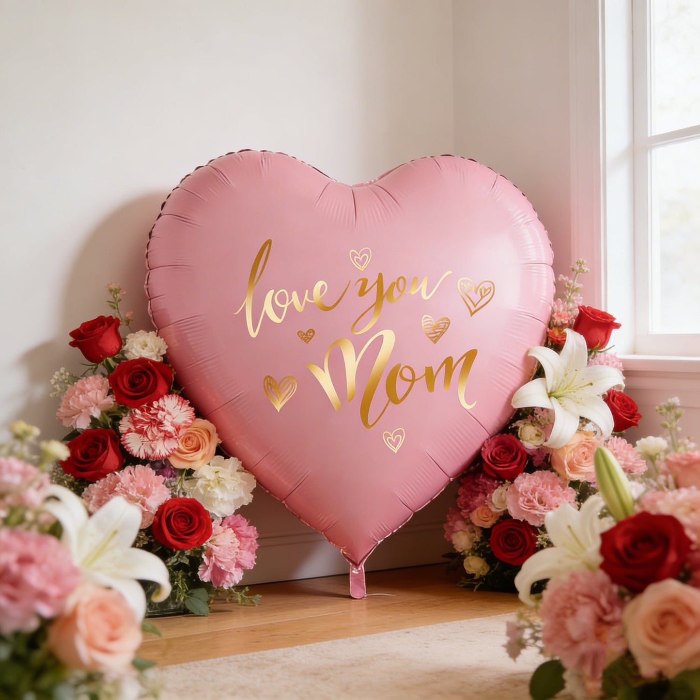 Kæmpe ballon formet som et hjerte med teksten 'Love You Mom' – Elegant dekoration til mors dag, kvinde