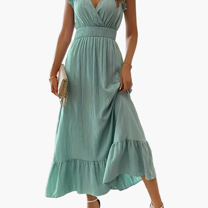 Abito lungo elegante da donna stile vacanze con maniche volant e vita arricciata