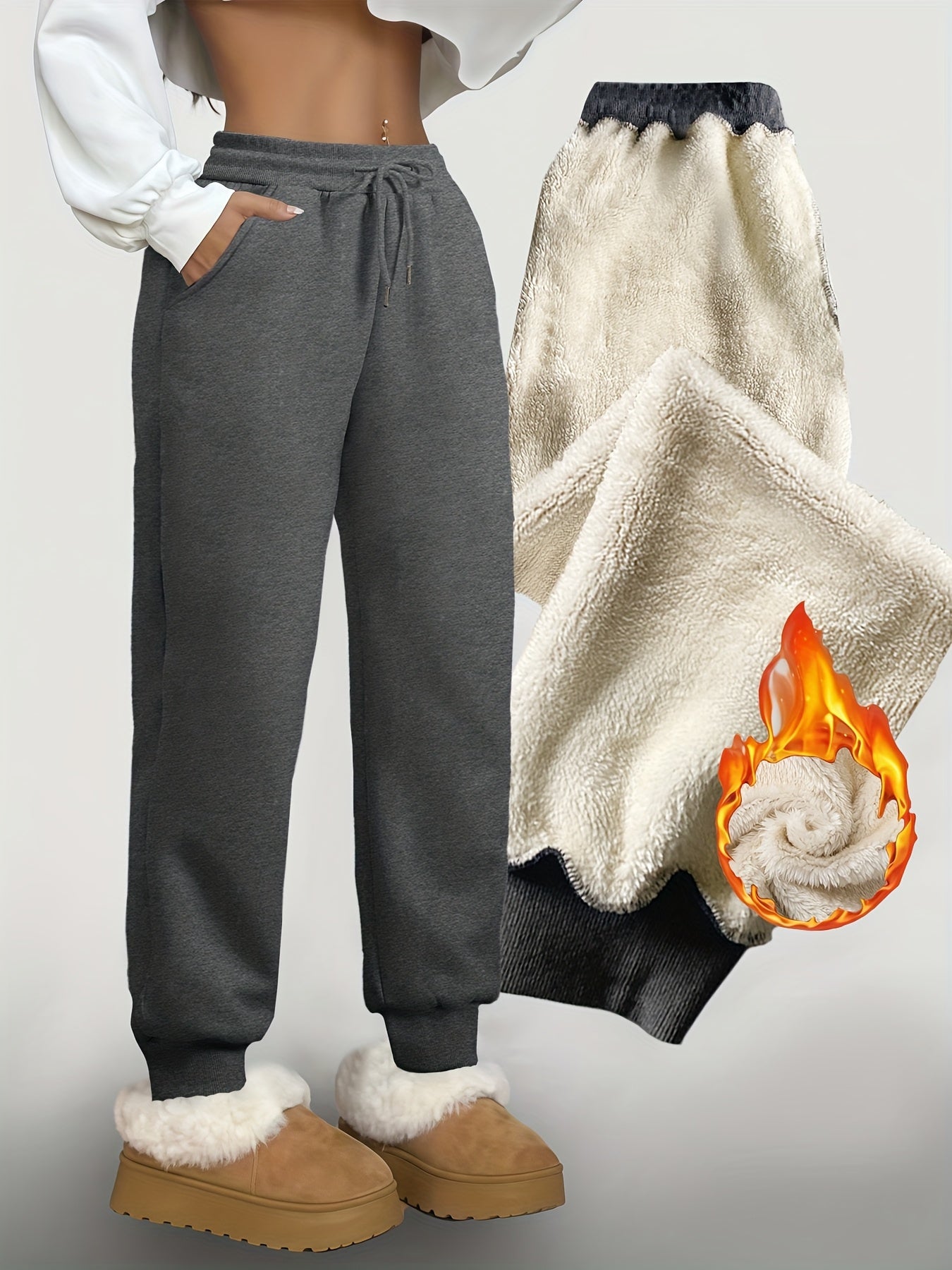 Pantalon de jogging femme doublé polaire coupe droite avec taille élastique et cordons de serrage