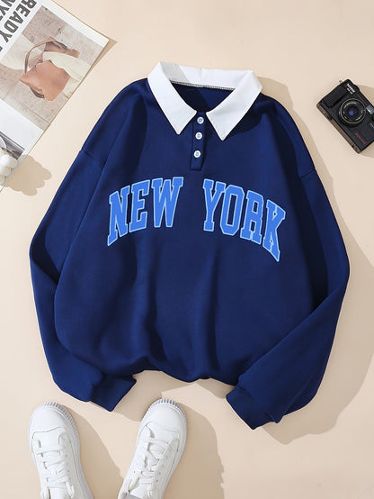 Sweat-shirt col polo bleu marine avec motif "NEW YORK" devant