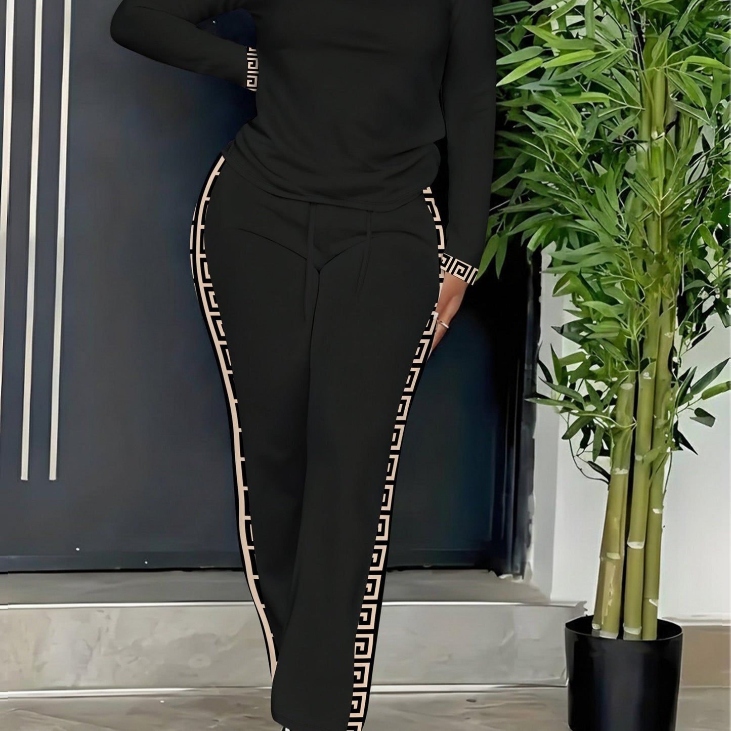 Ensemble Sport Décontracté Femme Manches Longues et Pantalon Rayures Latérales