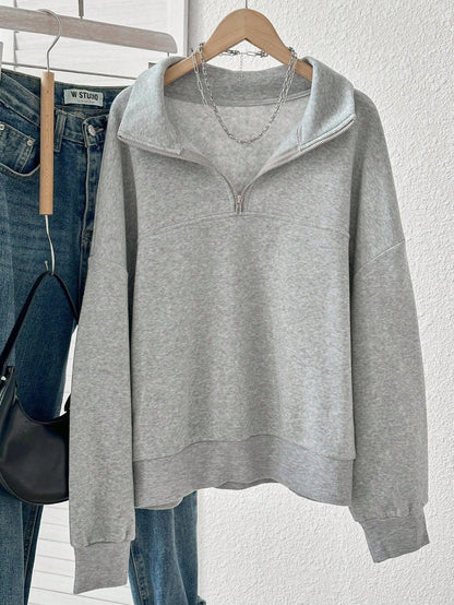 Sweatshirt Femme Col Zippé Gris à Manches Longues Doux