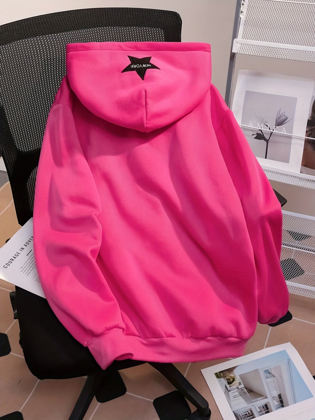 Sweat à Capuche Zippé Femme Rose Vif Étoile New York Lettrage Noir