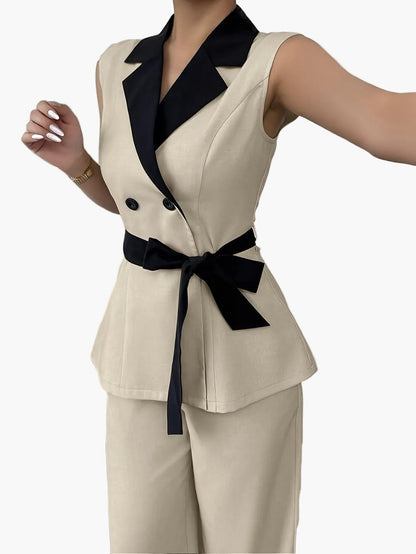 Ensemble pantalon tailleur sans manches style chic pour femme – Costume élégant de bureau ou sortie