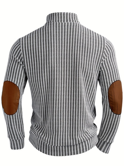 Pull homme à col montant boutonnable, motif tissé et empiècements aux coudes