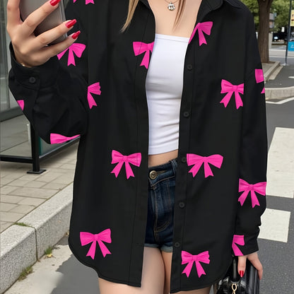 Chemise Femme Noire à Nœuds Roses Manches Longues Boutonnée