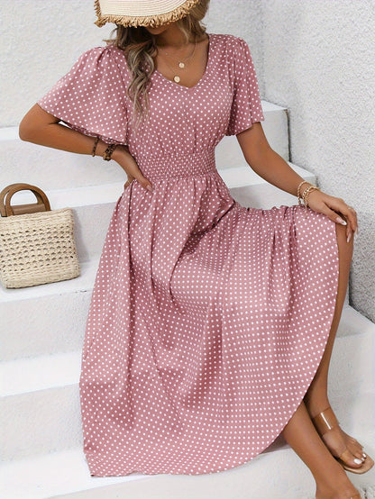 Elegancka sukienka damska w groszki, styl casual na wiosnę/lato