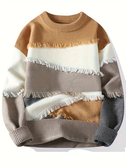 Pull Homme Col Rond Color Block à Franges Tricoté Décontracté