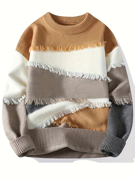 Pull Homme Col Rond Color Block à Franges Tricoté Décontracté