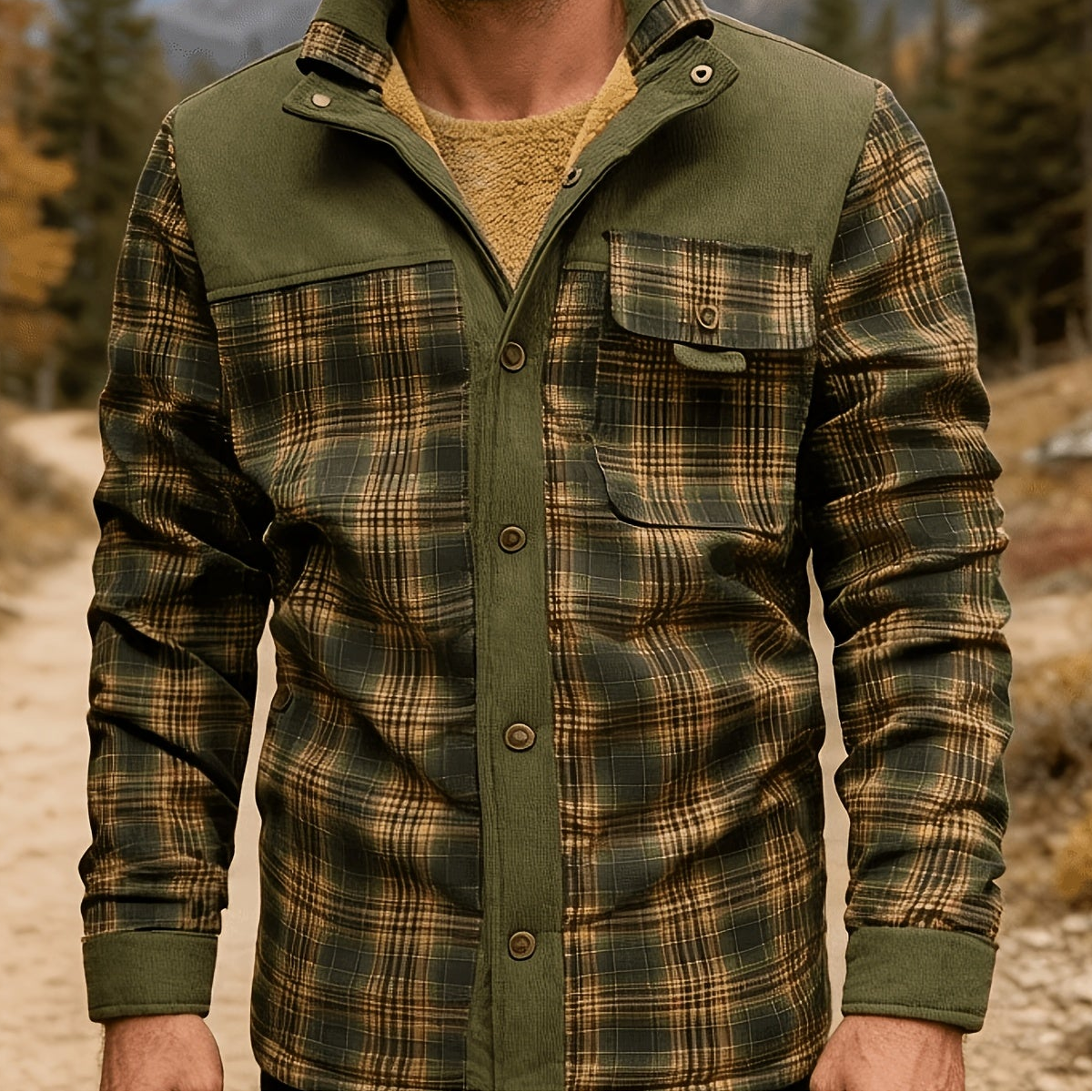 Veste Chemise Homme Carreaux Vert Doublée Molletonnée Chaude